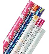 American Greetings Reversible Birthday and All Occasion Wrapping Paper for Kids, Unicorns and Din...