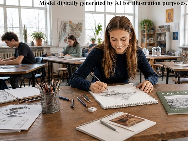 A student uses a SuFly top spiral sketchbook for pencil drawing during an art class.