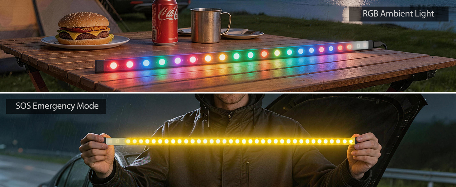Flexible Waterproof LED Camping Light Strip with SOS Mode, RGB Ambient Lighting