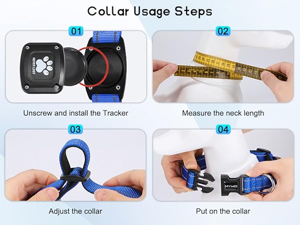 MYIWB Dog Collar Usage Steps: Install Tracker, Measure Neck, Adjust & Put On