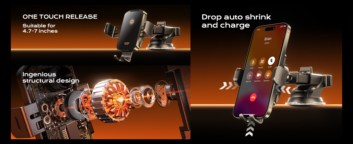 put phone in holder,auto clamp your phone to charge. Ingenious structural design car phone holder