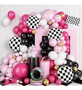 FunHot Pink Race Car Balloon Arch Garland Kit, 112 Pcs Hot Pink Black Balloons Arch with Black an...