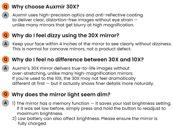 FAQ for Auxmirmirror: anti-reflective coating, clear view within 4 inches, distortion-free image