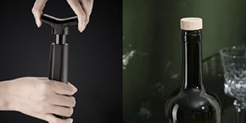 Split image showing hands opening a dark glass bottle against black and green backgrounds. Demonstrates bottle opening action from two angles.