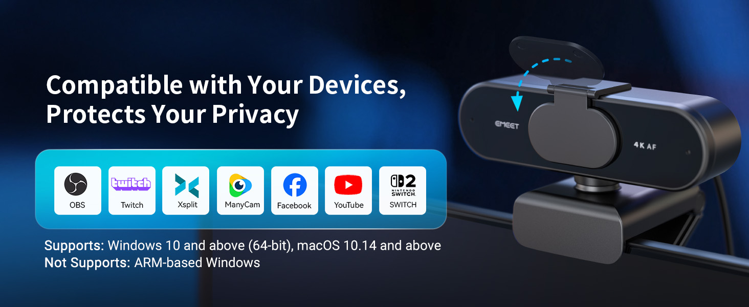 Broad Compatibility EMEET C60E Dual-Camera 4K Webcam for Streaming,