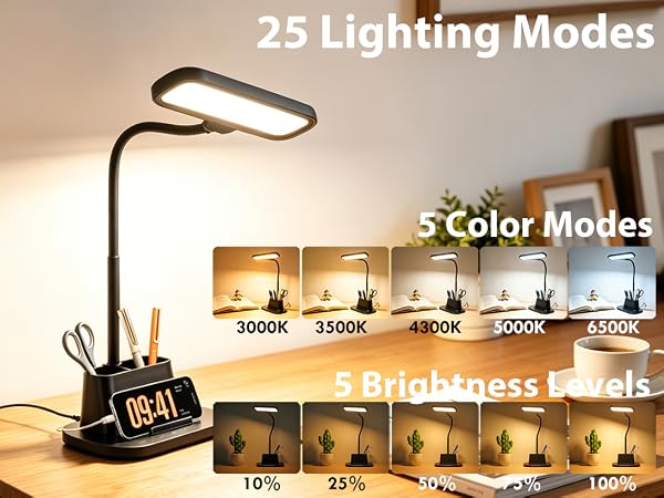 LED Desk Lamp for Dorm Room with Pen Holder USB Charging Port Small Reading Light for Home Office