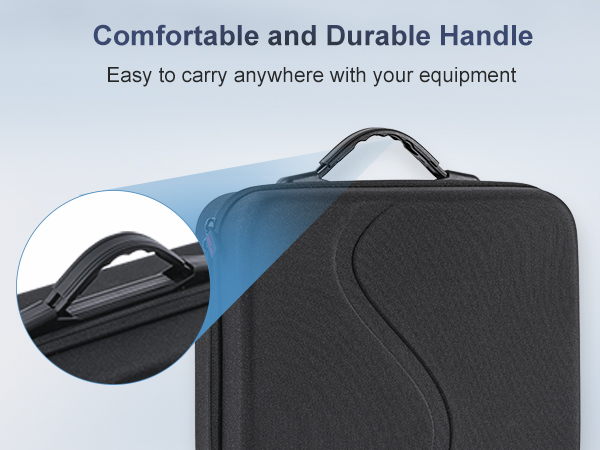 Text reads: 'Comfortable and Durable Handle' and 'Easy to carry anywhere with your equipment.' Shows close-up of black carrying handle on dark gray case.