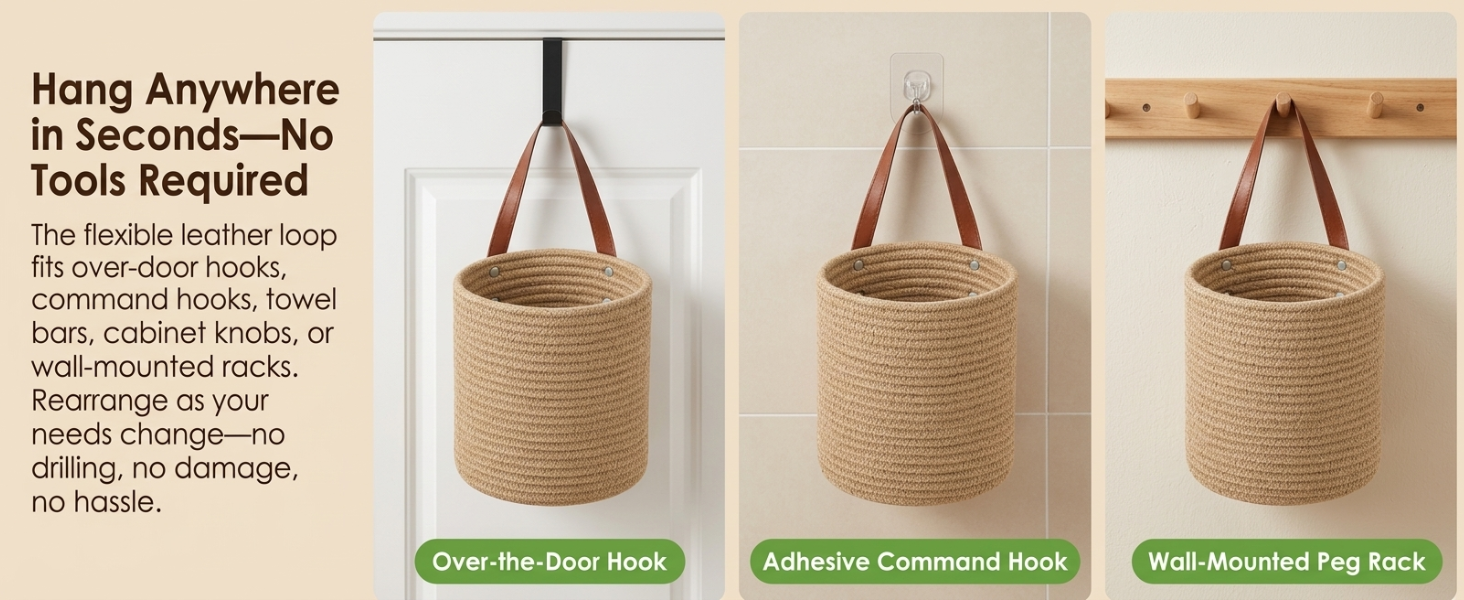Woven wall basket displayed on peg rack, adhesive hook, and over-door hook installation options.
