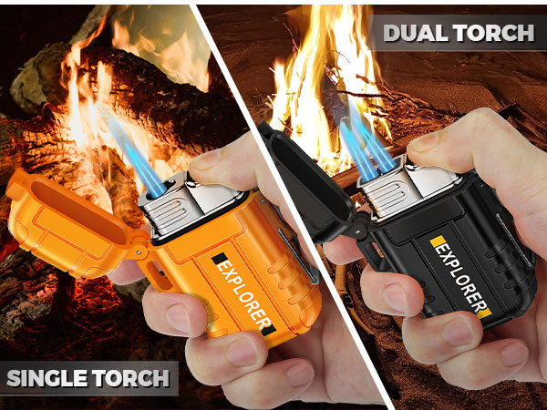Split product image showing single and dual torch lighters in orange and black colors, demonstrating flame capabilities against dark background.