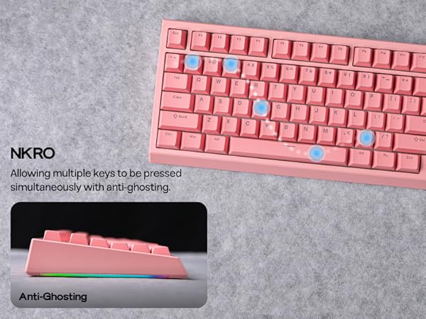 Pink mechanical keyboard with blue accent keys. Features anti-ghosting technology allowing multiple keys to be pressed simultaneously. Side view shows RGB lighting along the base.