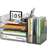 FANXIYQ 4-Tier Brown Acrylic Paper Tray Organizer with Bookends,