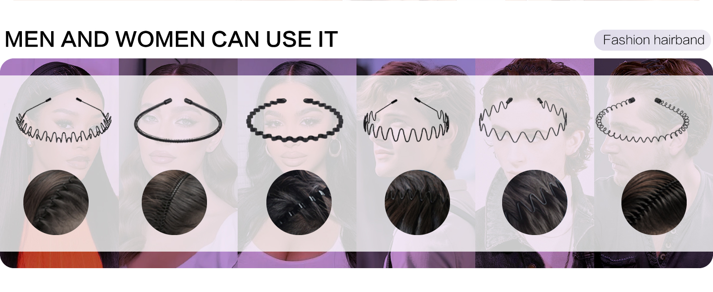 fenshine 6PCS Metal Hair Bands, Spring Wavy Hoop Unisex Black Headband