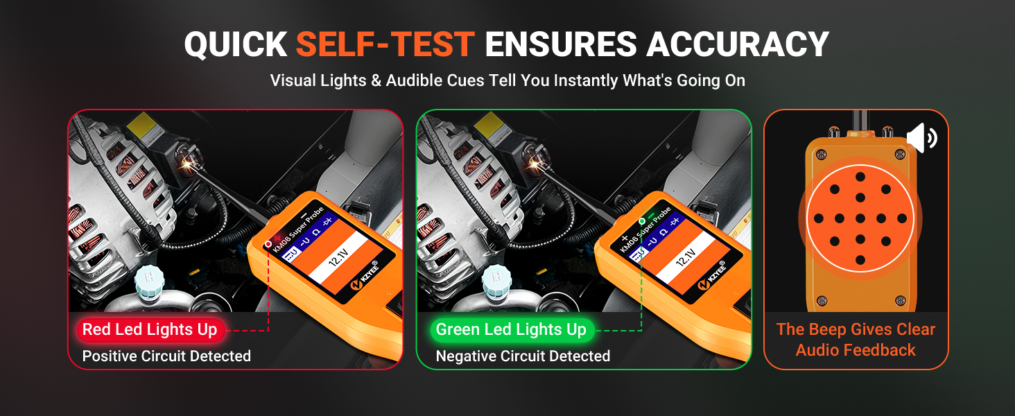Auto electrical probe tool with LED indicators and beep alerts for quick polarity self-checks