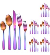 A · HOUSEWARE Matte Rainbow Silverware Stainless Steel Flatware Set for 6 Colorful Cutlery Set 30...
