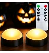Yakpo 2 Pack Black Halloween LED Pumpkin Lights with Remote Control & Timer | Orange flickering J...