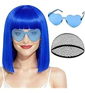PLULON Short Blue Straight Bob Wig with Bangs Shoulder Length Heat Resistant Synthetic Hair Wigs ...