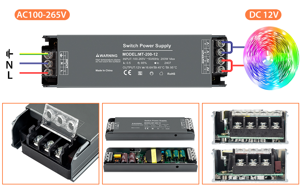 LED controller diagram showing AC/DC power conversion specifications and multiple connection ports, with RGB LED strip compatibility.