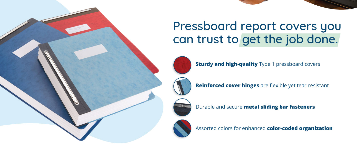 Pressboard report covers features with detail images