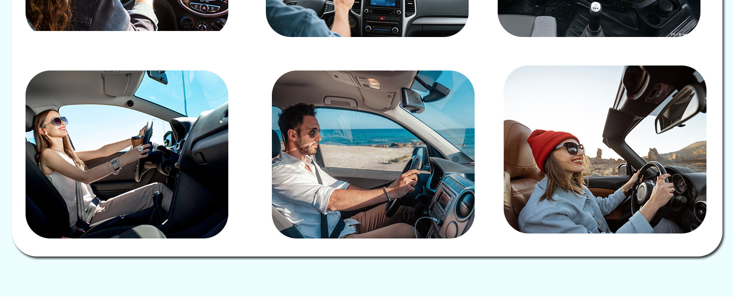Three composite images showing vehicle occupant safety: adult driving, child passenger in seat, and detailed view of restraint system installation.