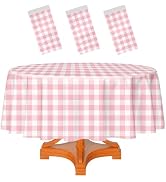 HEIPINIUYE 3 Pack Pink and White Round Checkered Tablecloth 84 × 84 Pink Plaid Table Cover Dispos...