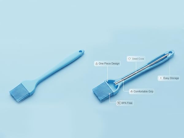 Cross section of blue silicone basting brush showing steel core one piece design and BPA free badge