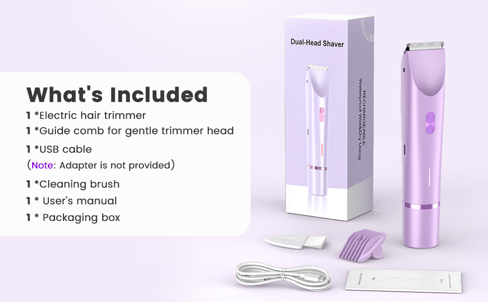 Trimmer kit including electric trimmer, guide comb, USB cable, cleaning brush, and manual.