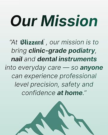 Text reads 'Our Mission' and 'At buzzmi, our mission is to bring clinic-grade podiatry, nail and dental instruments into everyday care - so anyone can experience professional level precision, safely and confidence at home.'