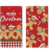Croar Merry Christmas Gingerbread Man Red Kitchen Dish Towels Set of 2, Xmas Candy Cane Buffalo P...