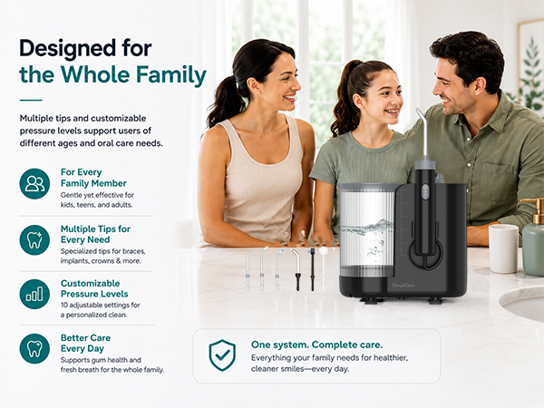 SimpliCare FC1761 countertop water flosser with 10 pressure levels, 600ml tank and 8 tips.