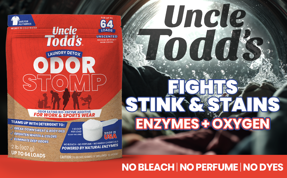 Uncle Todd’s Odor Stomp bag, laundry detox powder, enzymes and oxygen, no bleach formula