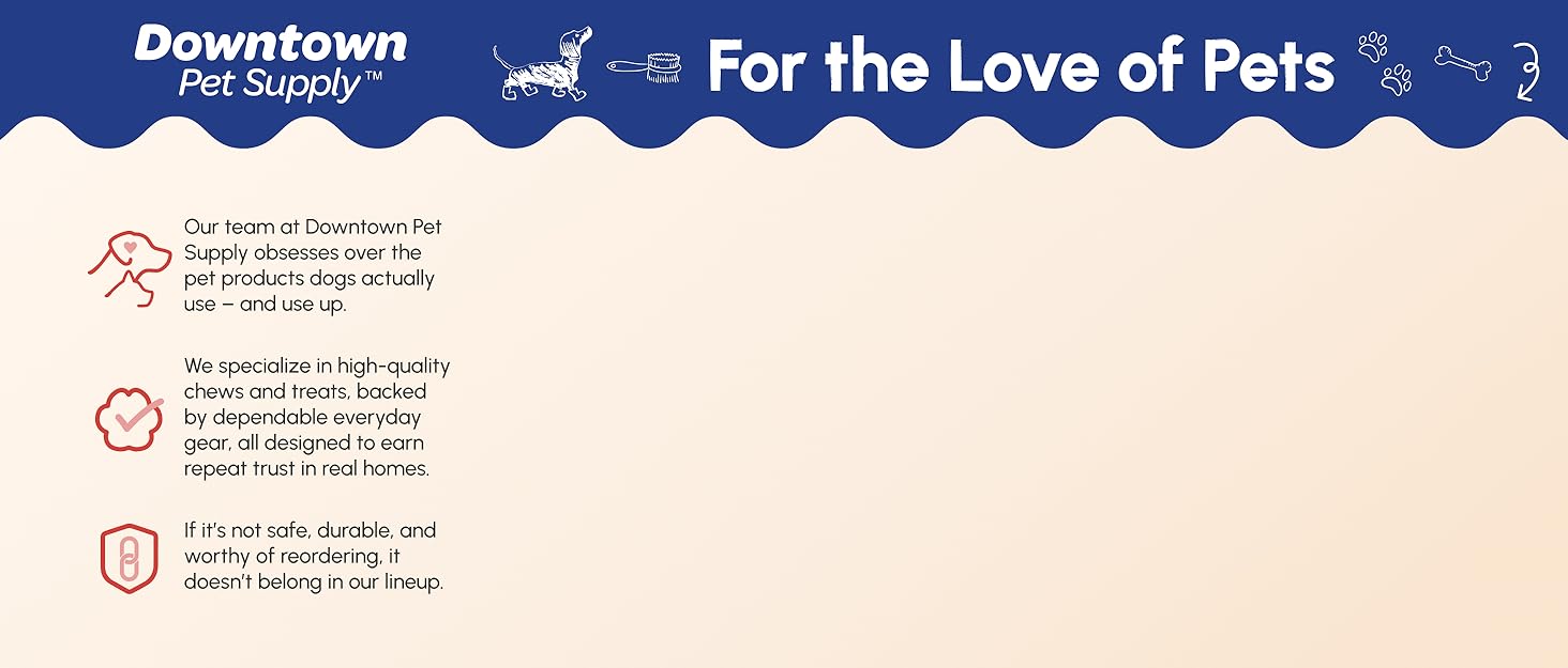 Downtown Pet Supply consumable dog treats, harnesses, and poop bags for the love of pets