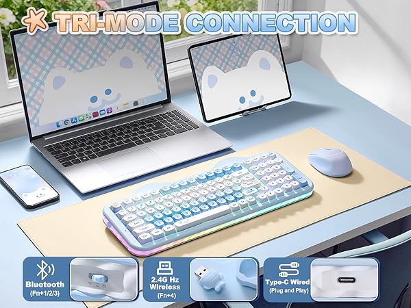 Text reads 'TRIMORE CONNECTION' across banner. Multiple computer monitors and keyboards arranged on desk surface, featuring RGB lighting and modern gaming peripherals.