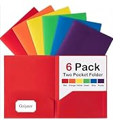 6 Pack Plastic Folders with Pockets, 6 Assorted Colors, 2 Pocket Folders for Documents, Heavy Dut...
