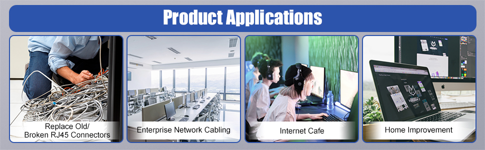 Four-panel image showing product applications: network cable management, enterprise network cabling, internal cabling, and home improvement tasks.