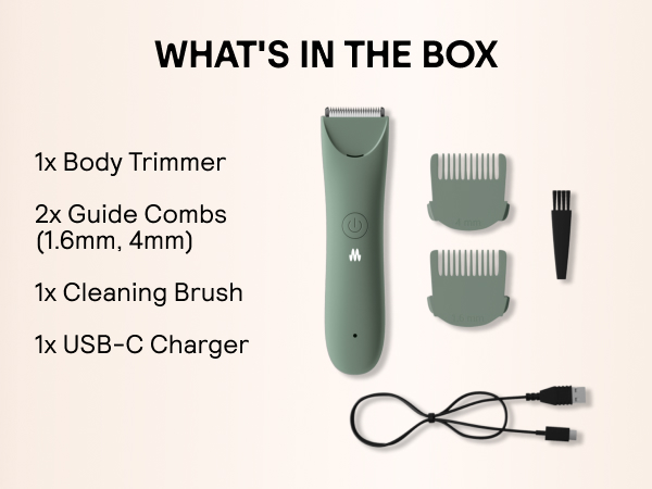 1 body trimmer,2 guide combs,1 cleaning brush,1 USB-C charger