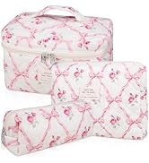 3PC Makeup Bag Set, Quilted Makeup Bag, Large Floral Cosmetic Bag for Women, Cute Cotton Makeup B...