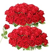 LetuoClips 52 PCS Red Roses Artificial Flowers, Fake Red Rose Bouquet, Artificial Silk Red Roses ...