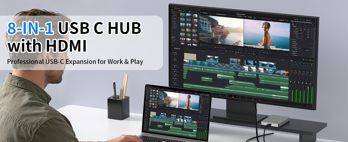 Text reads: '5 IN 1 USB C HUB with HDMI' and 'Professional USB C Expansion for Work & Play.' Man at desk with USB-C hub device connected to monitor, laptop, and tablet showing multi-device connectivity setup.