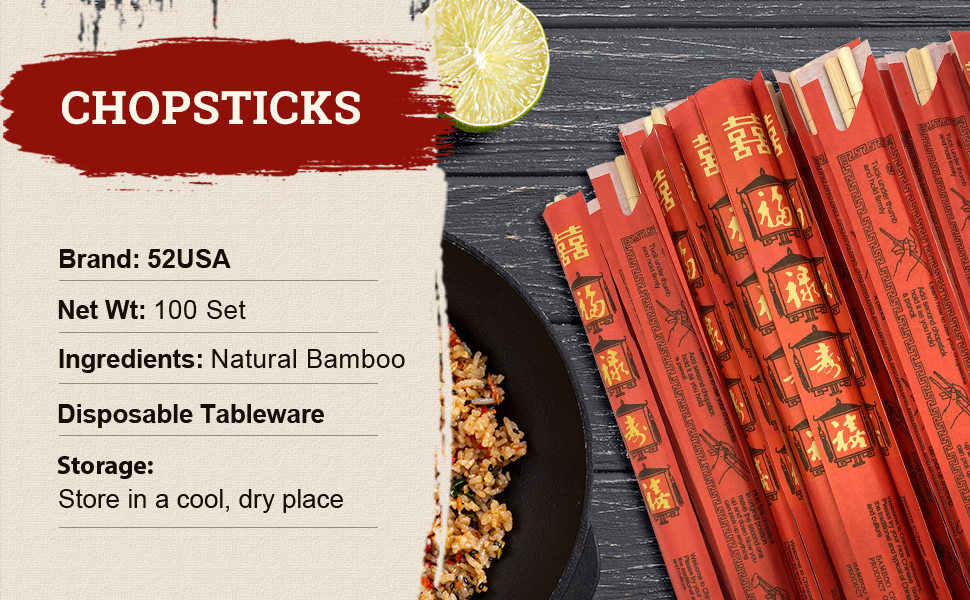 52usa Premium Disposable Bamboo Chopsticks Sleeved and Separated UV Treated 100 Sets