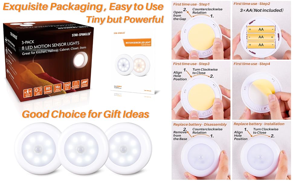 LED Motion Sensor Lights, Stick on Lights, Puck Lights, Closet Lights,Night Lights, STAR-SPANGLED