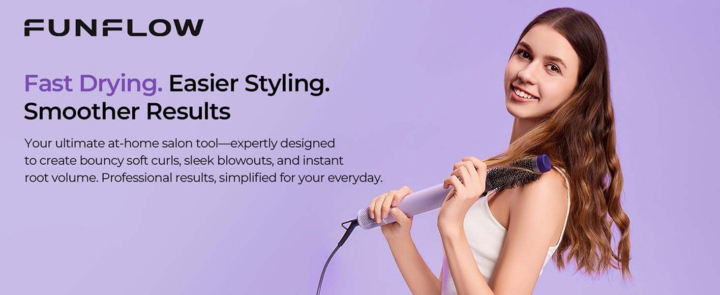 A woman effortlessly styling her hair with a lightweight 6-in-1 air styler for root lift and smooth.