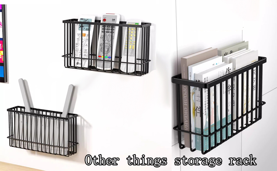 Black metal wall-mounted storage racks shown in multiple views, designed for organizing and displaying items with vertical slat construction.