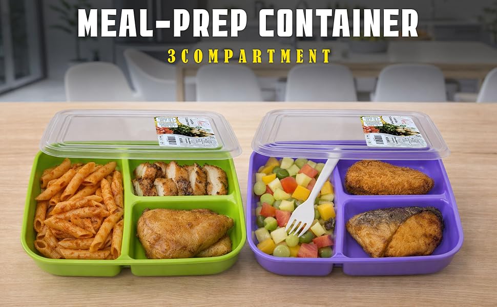 3 Compartment, Meal Prep Lunch Box with Lids, Microwave Safe & Sectioned Food Containers