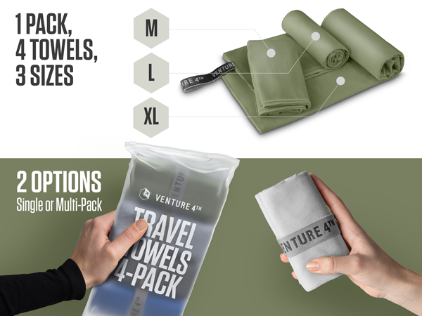 Travel Towels in 3 Sizes and Multiple Colors