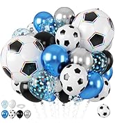 Biapian Soccer Balloons, Metallic Blue Silver Balloons with 22 Inch Rainbow Soccer Ball Foil Prin...