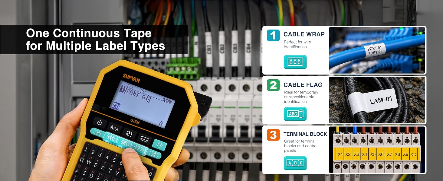 One Continuous Tapefor Multiple Label Types: Cable Wrap, Cable Flag, Terminal Block