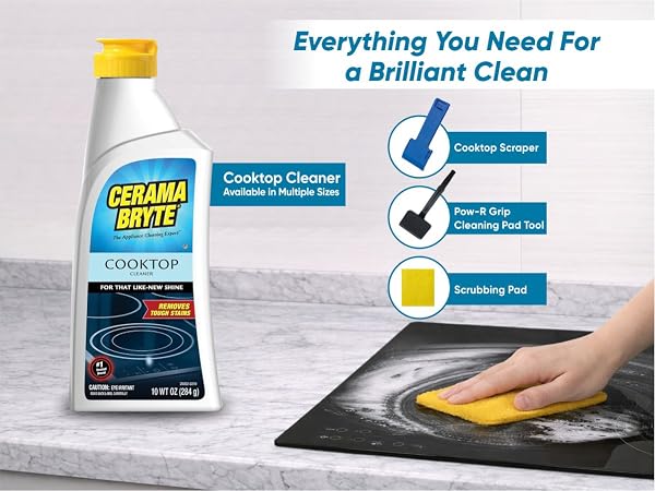 Cerama Bryte Cooktop Cleaner for all cooktops, shower doors, faux marble and pots and pans cleaning