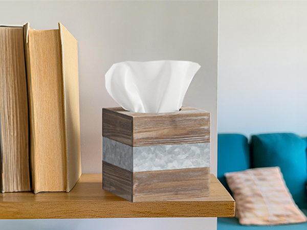 Rustic Metal Wood Square Tissue Box Cover Decorative Bathroom Facial Holder Farmhouse Country Decor