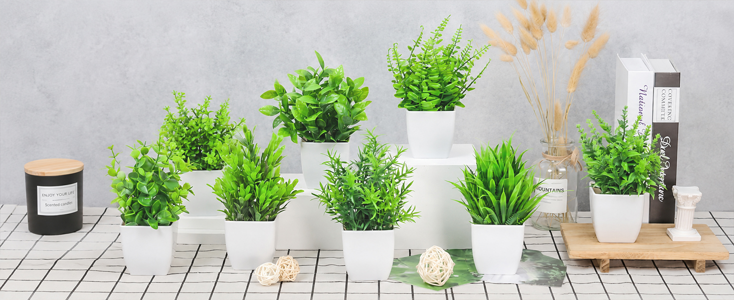 eight artificial green plants white pots tabletop display