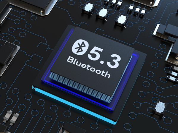Close-up of a circuit board featuring a Bluetooth 5.3 chip, highlighted in blue against a dark background with circuitry patterns.